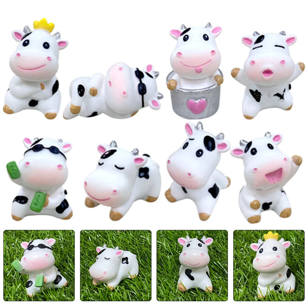 

8 Pcs Ornaments Small Garden Crafts Cartoon Cow Statues Tiny Animal Mini Toy Resin Desktop Decor Decors Little Cows Toys