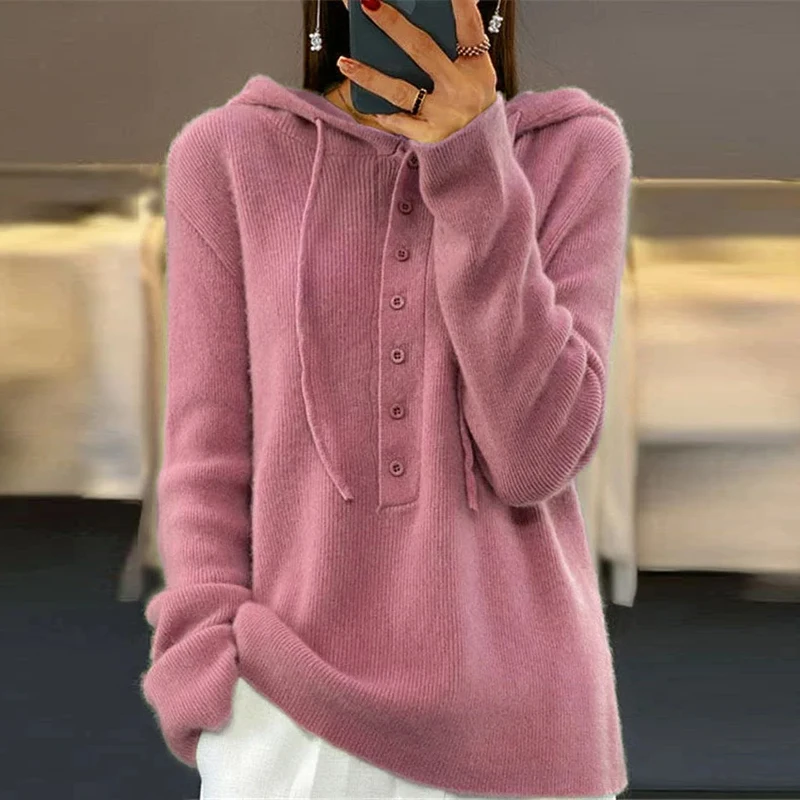 Осень-зима женский свитер с капюшоном модные пуговицы длинным рукавом шерстяной