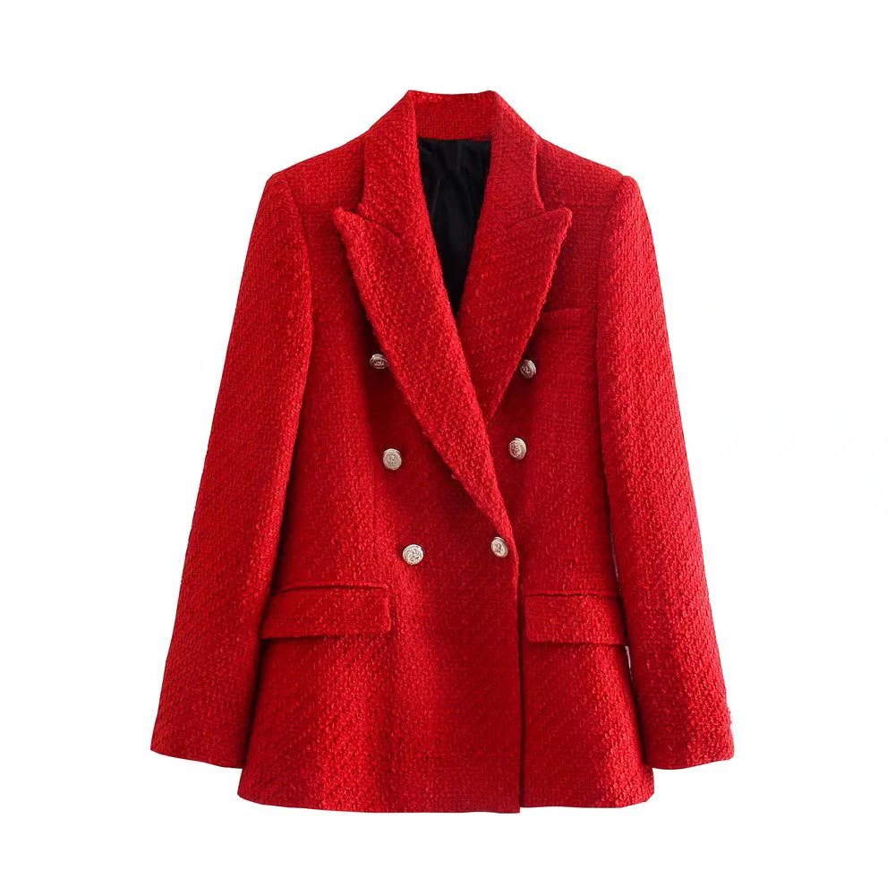 

Blazer Women Tweed Jacket Women 2023 Double Breasted Red Blazer Office Lady Tweed Blazers Coat Checked Jacket Female