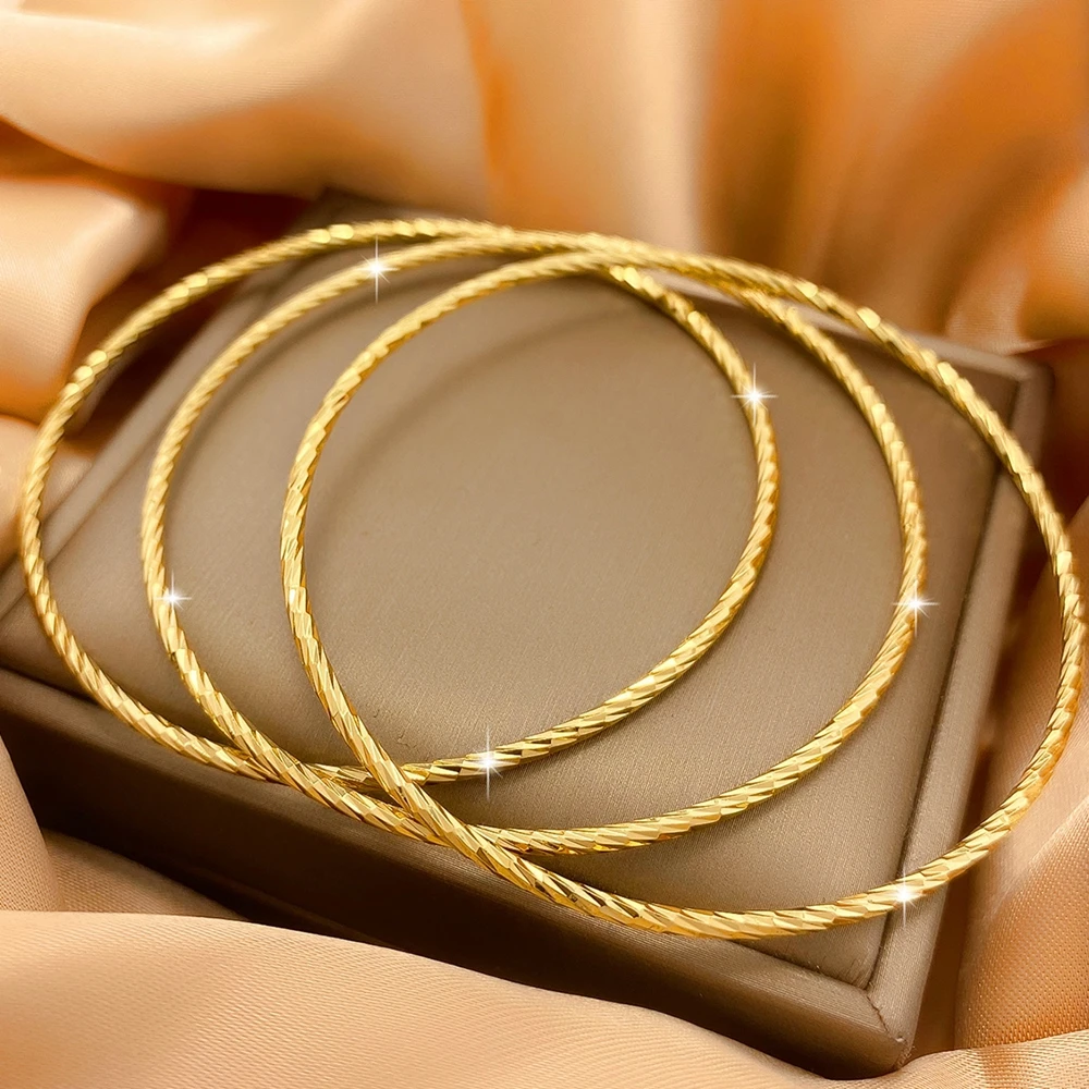 

3pieces Women Bangle Thin Bracelet Classic Style Solid 18k Gold Color Real Solid Lady Jewelry Gift Dia 65mm
