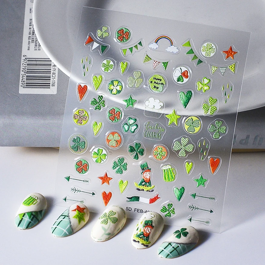 

Ярко-Зеленый Клевер на удачу, четырехлистный клевер, растение, сердце, звезда, флаги, 5D наклейки для дизайна ногтей, 3D Самоклеящиеся наклейки