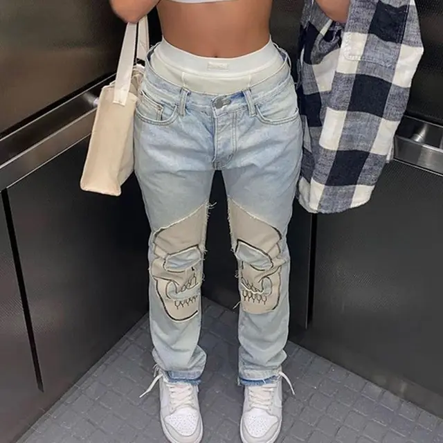Skull Patch High Waisted Jeans Woman Harajuku Retro Street Hip Hop Washed Baggy Jeans Women Clothing Casual Wide Leg Jeans Pants 1