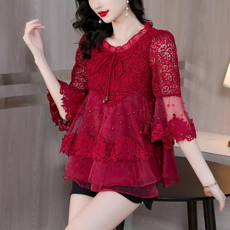 

2023 Summer New Red Silk Organza Beaded Korean Edition Top Women's Lace Embroidery Beaded Fashion Loose Size Small Shirt