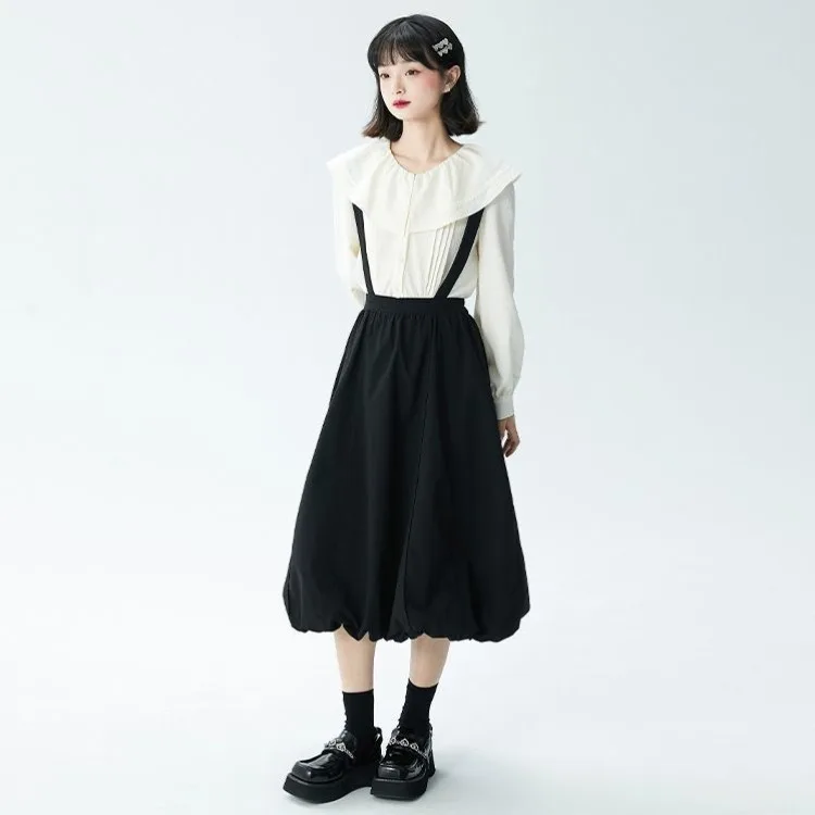

Harajuku Sweet Detachable Suspender Skirt 2023 Autumn New High Waist Black Skirts Y2k E-Girl Mid-length Loose Falditas Mujer