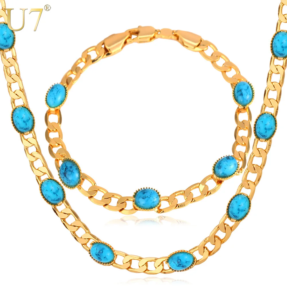 

U7 Blue Turquoise Stone Necklace Bracelet Set for Women Statement Gold Color Flat Thick Chain Fashion Jewelry Set Daily Jewels