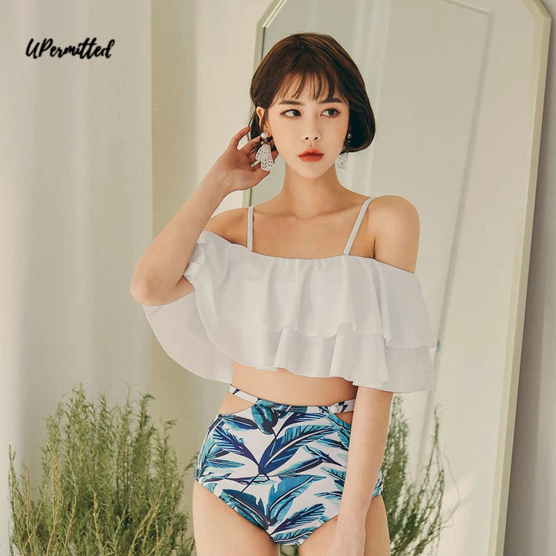

2022 Summer Bikinis Women Leaf Edge Split Two Pieces Set Woman High Waist Swimsuit Wading Bathing Hot Sping Beach Wear