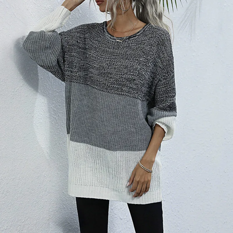 

Loose Color Block Sweater 2020 Autumn and Winter Women's Knitted Pullover O-neck Long Pullover Women's Clothing