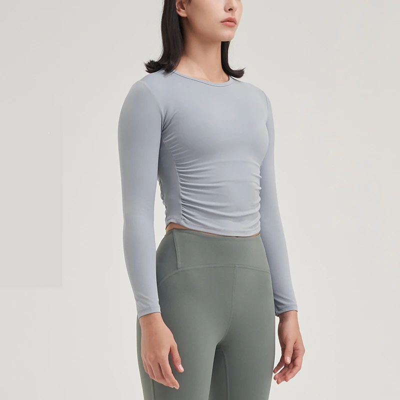 Solid Color Women Sports Tops Round Neck Long Sleeve Yoga Shirts Tight Thin Waist Folds Fitness T-shirt Gym Workout Sportswear