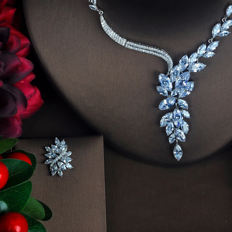 

Fashion Luxury Sparkly Marquise Cut Women Cubic Zirconia Jewelry Set Necklace Earring Sets Birthday Party Wholesale Price N-411