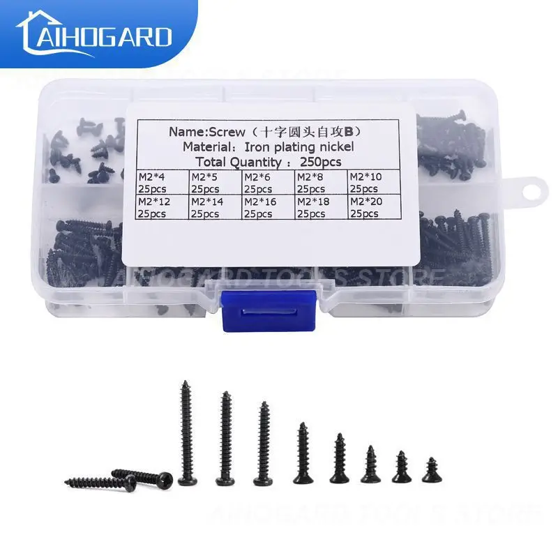 

250PCS/Set M2 Cross Round Head Self Tapping Screw Iron Plating Nickel Wood Plasterboard Plated Screw 4-20 Hardware Accessories