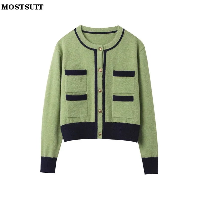 

Autumn Winter Korean Fashion Knitted Cardigan Women 2022 Contrast Color Elegant Vintage Fashion Sweater Long Sleeve Pockets Tops