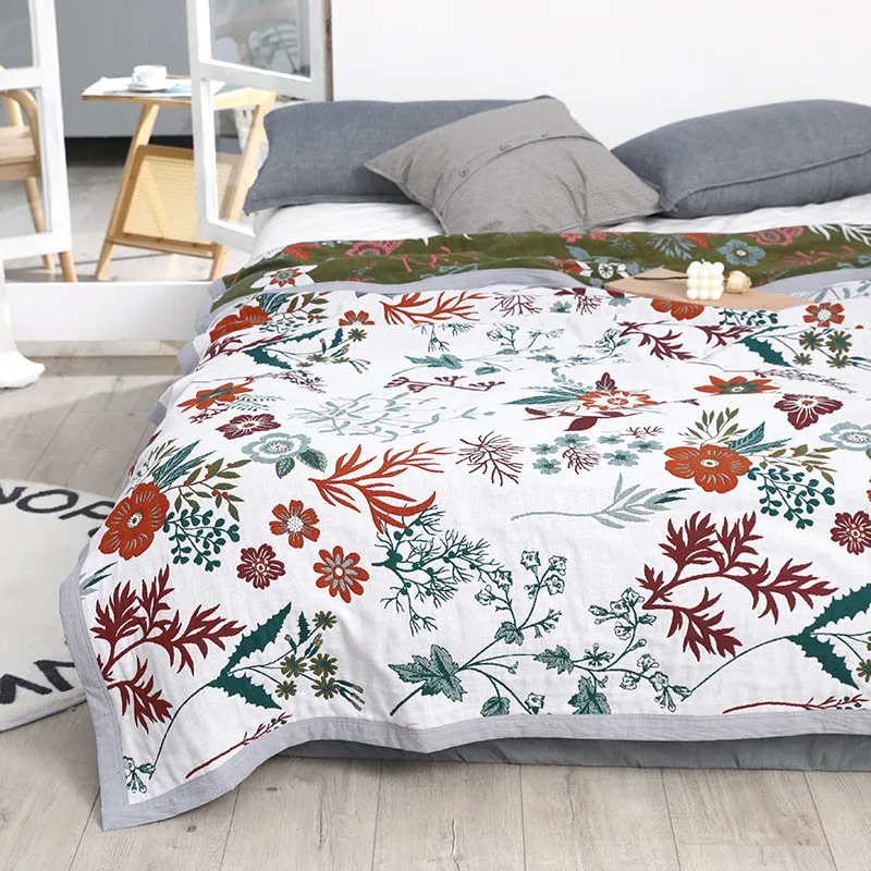 Soft Muslin Cotton Sofa Throw Blanket Floral Printed Air Condition Summer Quilt Blankets for Beds Home Bed Cover Sheet Bedspread