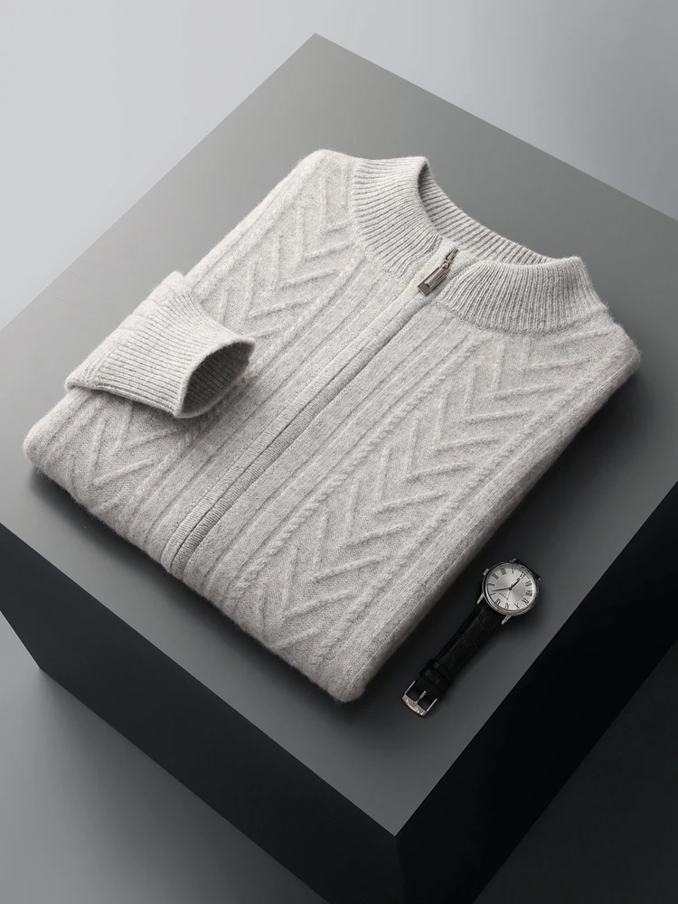 Мужской трикотажный кардиган из 100% шерсти с круглым вырезом и длинными рукавами