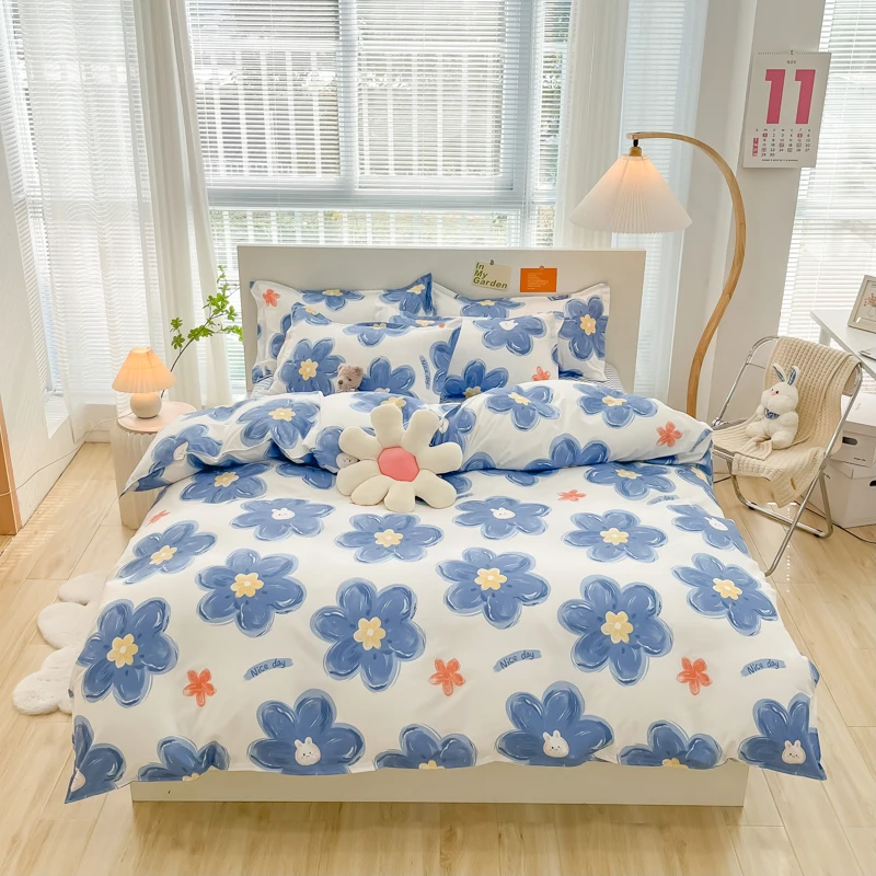 

Комплект постельного белья, пододеяльник и простыня с синими цветами, с принтом, для детей и взрослых, наволочка, домашний текстиль, 3/4 шт.