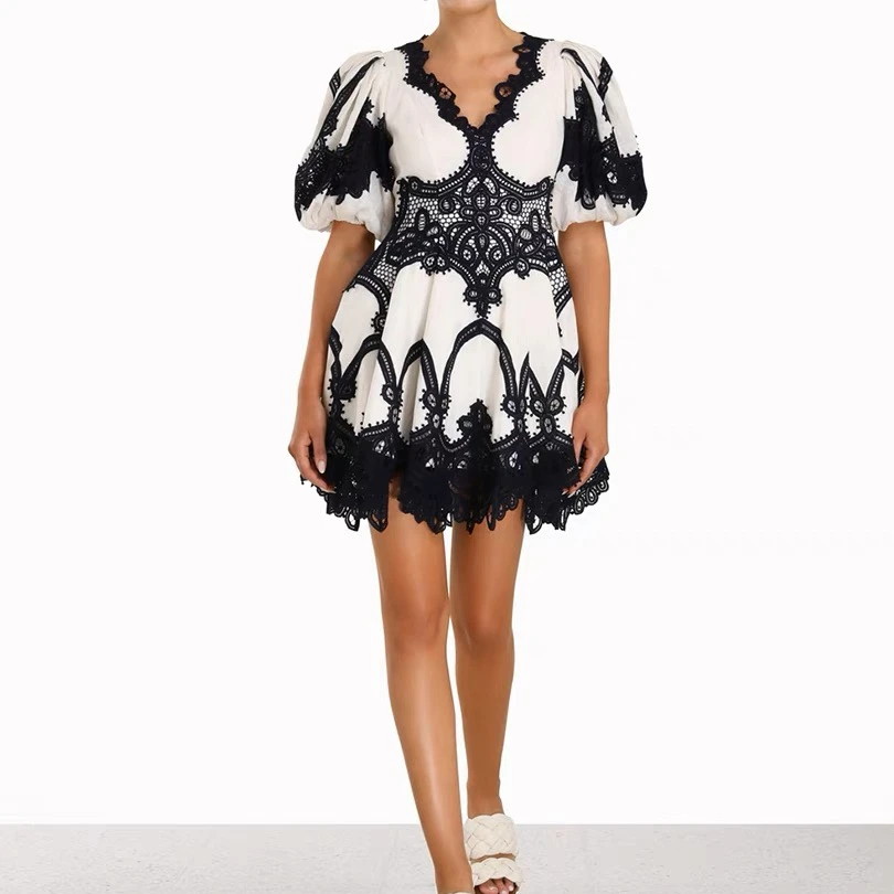 

Latest High Quality Elegant Patchwork Lace Tiggy Hollow Out Half Lantern Sleeve Waist Mini Dress for Women