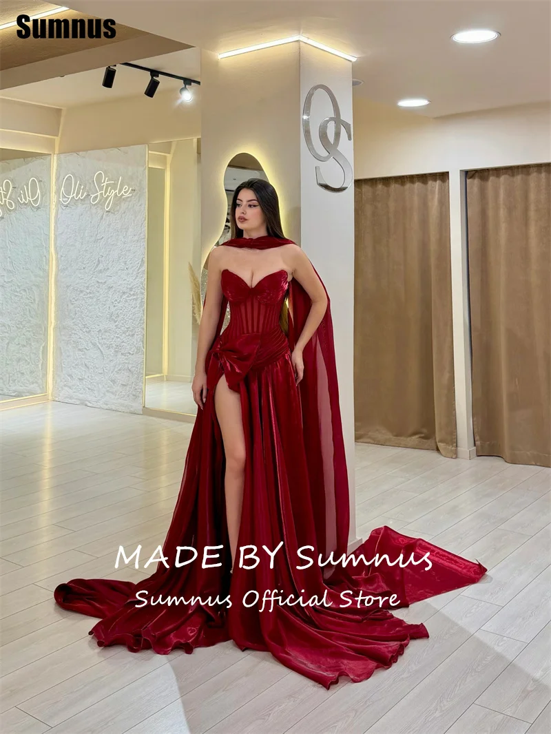 Фото Вечерние платья Sumnus Charming A-Line красного цвета из органзы с эффектом «жидкости», с иллюзионным бантом и высоким разрезом, макси-платья для выпускного бала 2026, нарядные платья, индивидуальный пошив №2