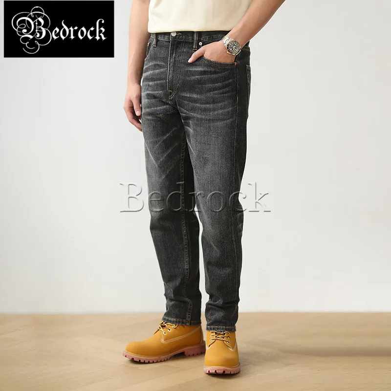 MBBCAR 12.7oz black selvedge denim pants for men vintage worker washed elastic jeans cat whisker scratch slim pencil pants 7484