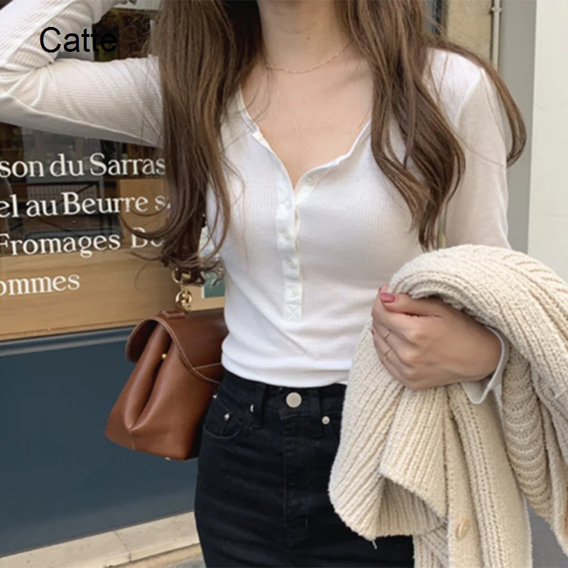 

Женская футболка на пуговицах, базовый облегающий пуловер с V-образным вырезом, вязаный джемпер в Корейском стиле, весна 2022