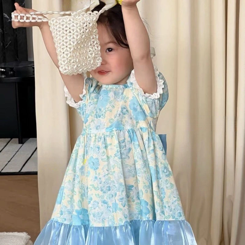 

Girls Dress Short Sleeve Bow Floral Princess Dress Kids Dresses for Girl Costume 2023 Children Wedding Party Vestido