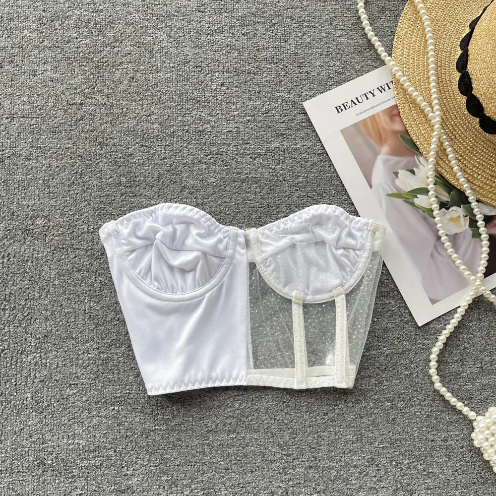 

Women Summer Elastic Cotton Splicing Mesh Glitter Bra Sexy Strapless Tank Top Sheer No Chest Pad Corset Hot Sweet Backless Camis