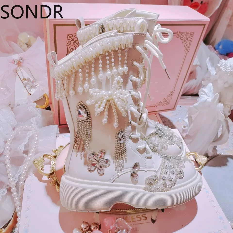 

Женские ботильоны с круглым носком, полусапожки на платформе с кристаллами и жемчугом, обувь на массивном каблуке, подарок на Рождество для ...