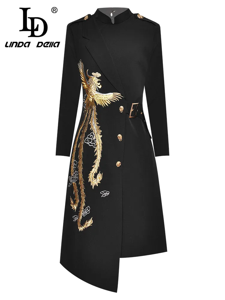 LD LINDA DELLA Fashion Designer Autumn Winter Dress Women's Stand collar Long sleeve Embroidery Balck Asymmetrical Midi Dress