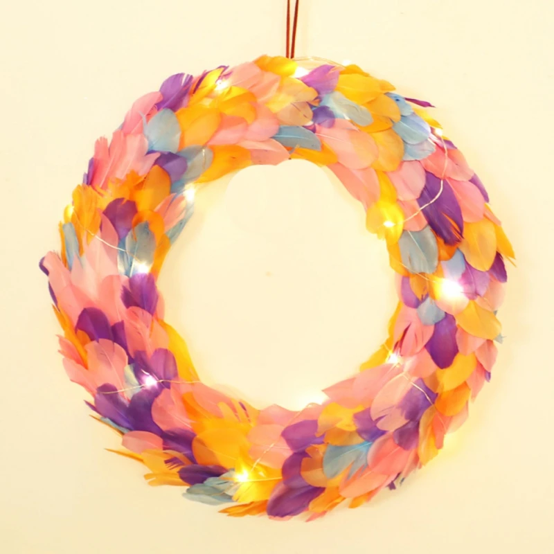 

Easter Feather Wreath With LED Lights Bright Color DIY Wreath Ornaments Wall Door Hanging Flower Garland Home Party Easter Gift
