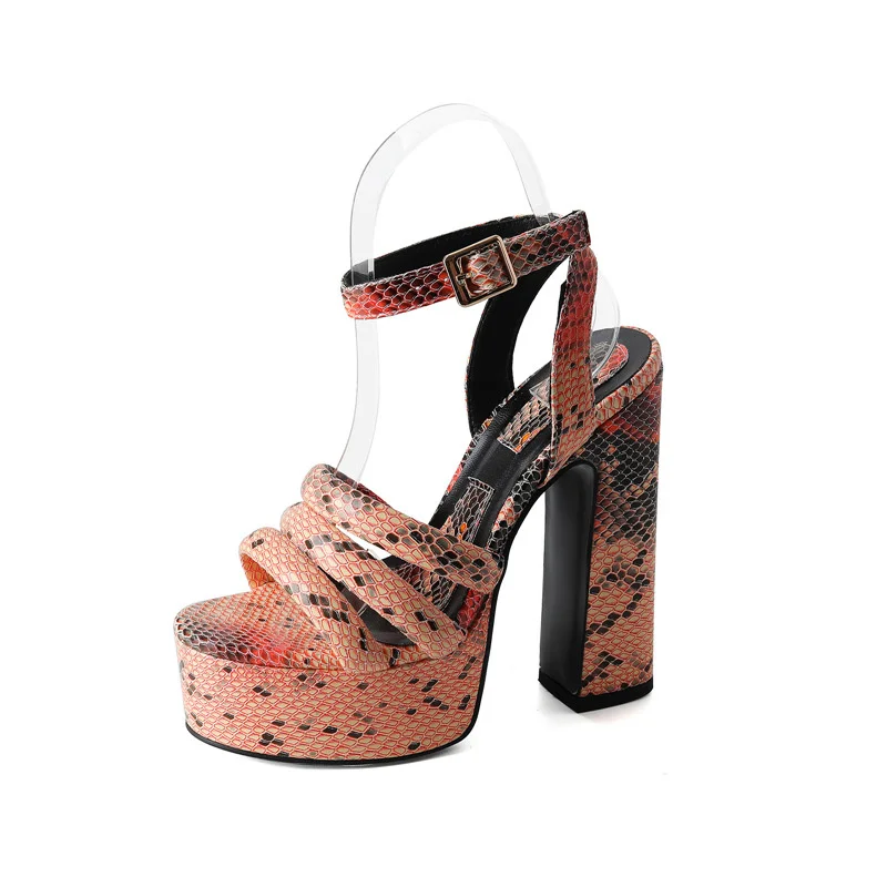 Summer Comfortable Platform Women Sandals Peep Toe High Heels Round Toe Crude Heel Female Fashion Snake Patterned Chunky Shoes