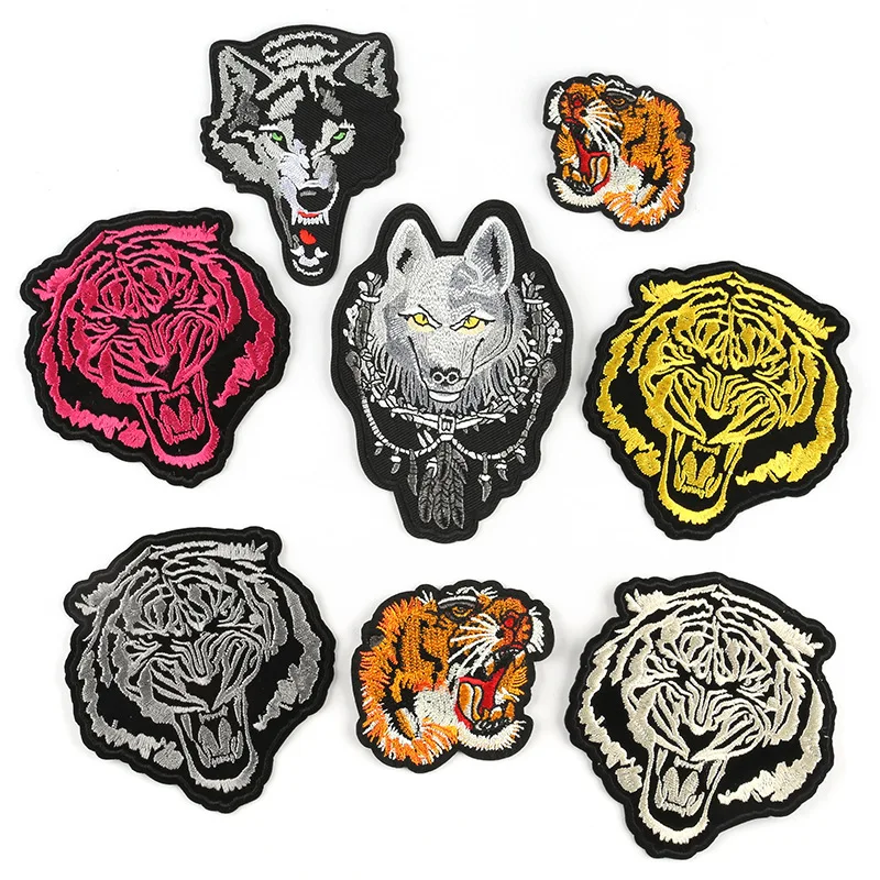 

Tiger Head Wolf head Series for on Punk Clothing Jackets pants Sew Ironing Embroidery Patch Appliques T Shirt decor badge