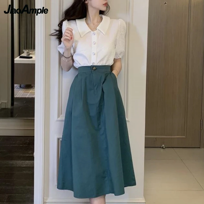 

Women Graceful Peter Pan Collar White Shirt Summer 2022 Korean Sweet Puff Sleeve Top+A-Line Skirts Two Pieces Set Fashion Outfit