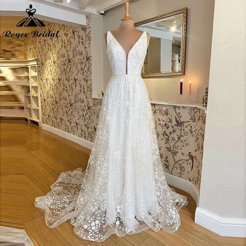 

Boho A-Line Wedding Dress For Women Sexy V-neck Off the Shoulder Backless Lace Appliques Beading Bride Gown Sweep robe de mariée