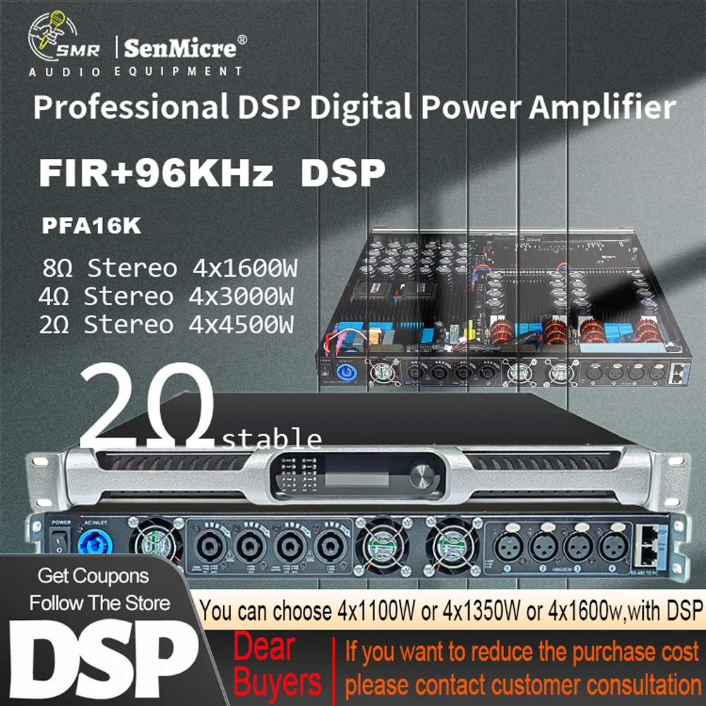 Фото SenMicre PFA16K Профессиональный 2 Ом Стабильный Усилитель Мощности 4 Канала 4x1600 Вт 8 Ом с DSP Цифровой Усилитель Мощности DJ Сабвуфер Усилитель Линейный Массив Акустических Систем Усилитель Звука 2x4500 Вт 2 Ом №1