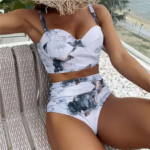 Women Bikini Set Sexy Brazilian Swimsuits Bathing Suit Backless Sling Tops Printed High Waist Panties Female Push-up Beachwear