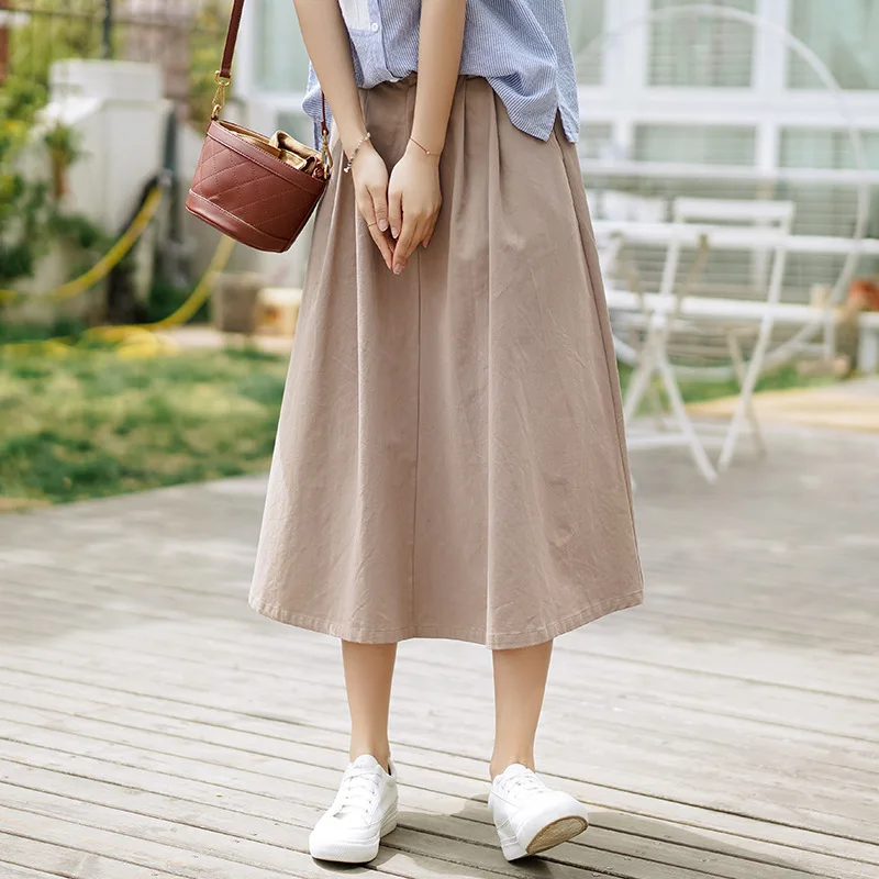 Женская Повседневная трапециевидная хлопковая юбка средней длины с карманами
