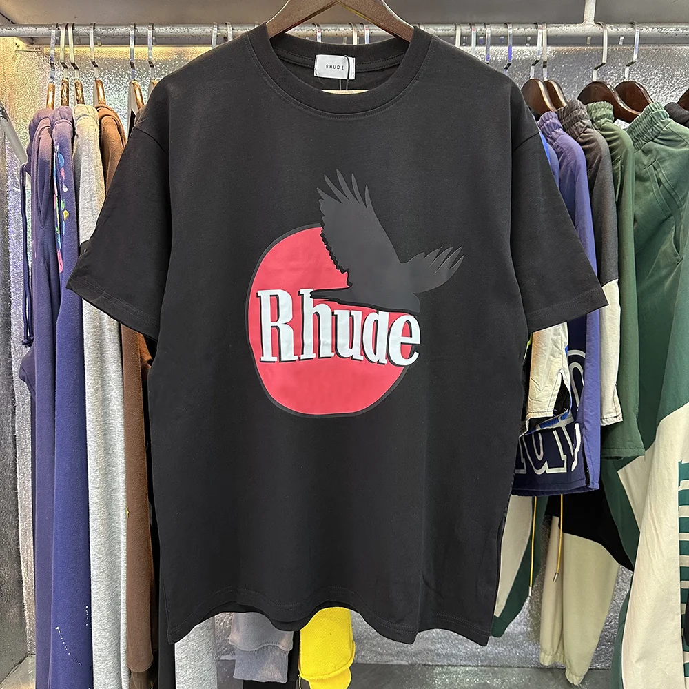 

RHUDE Black Dove Of Peace Print T-Shirt Men Women Summer Oversized Classic Red Sun Top Apricot White Hip Hop Couple T-shirt