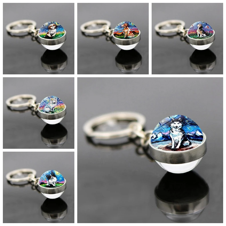 Popular Jewelry Glass Pendant Alloy Keychain Van Gogh Oil Painting Cute Dog Dogs Under The Starry Sky Double Sided Ball |
