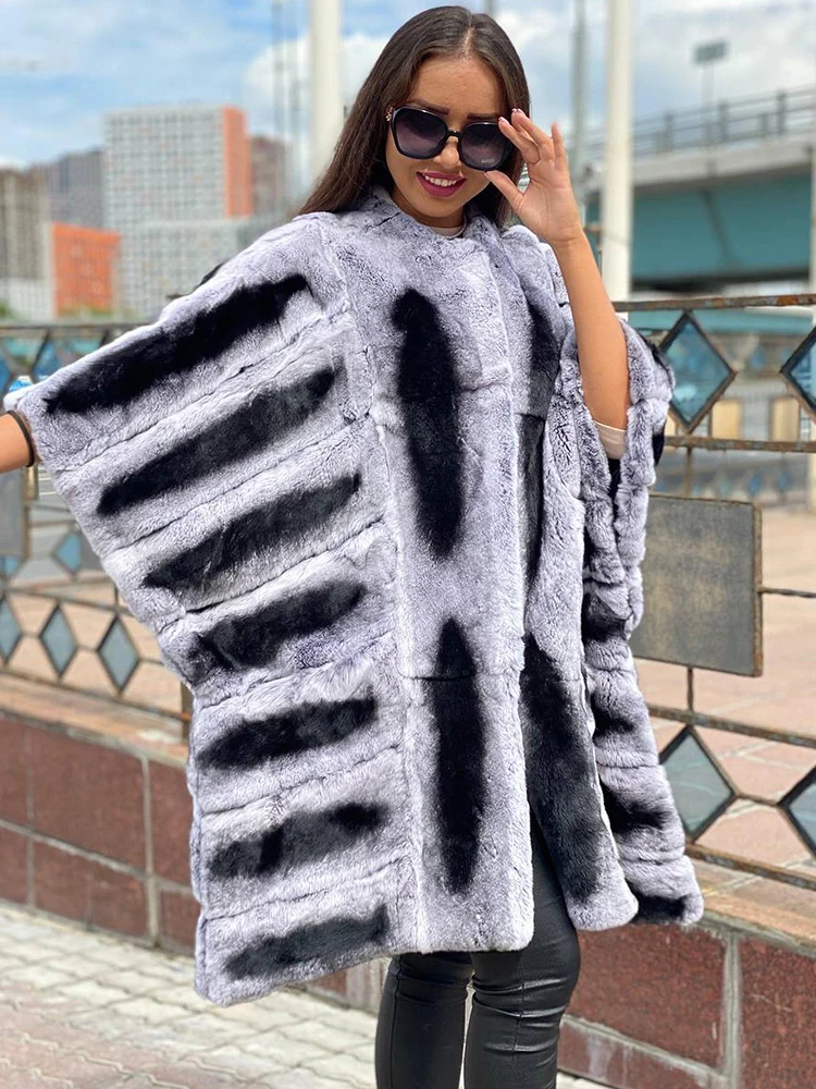 Bat Style Chinchilla Fur Jacket Female Luxury Fashion Casual Outertwear Bat Sleeve Loose Genuine Real Rex Rabbit Fur Coat Women enlarge