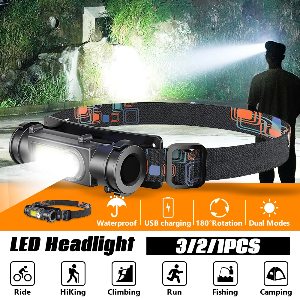 

COB LED Headlamp Sensor Headlight with Built-in Battery Flashlight USB Rechargeable Head Lamp Waterproof Head Torch Work Light