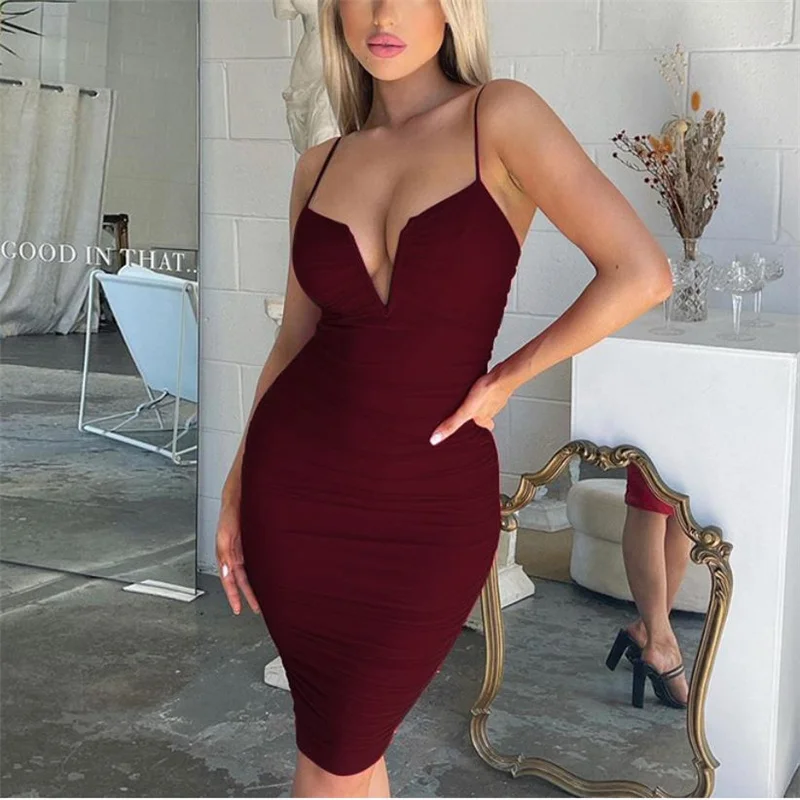 

Women Party Sling Strap Dress, Sexy Low Cut Sleeveless Solid Color Tight Hip Wrapped Thigh Long Dress for Summer, 3 Colors