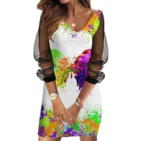 summer womens watercolor butterfly print long sleeve package hip dresses work dress mesh dress party bodycon dress a line dress
