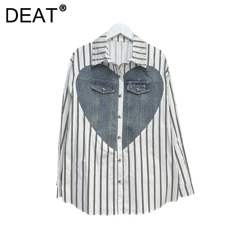 DEAT женская рубашка свободная лоскутная джинсовая с пуговицами в полоску и