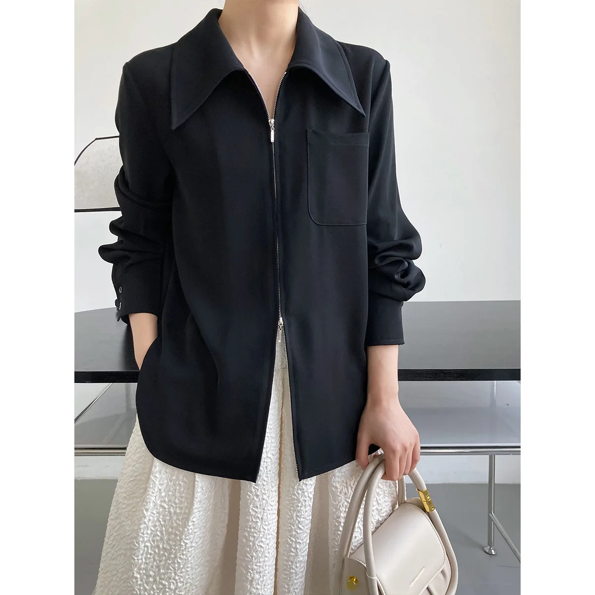 

Two-way Zipper Long-sleeved Shirt Women's Fashion Tops Spring Autumn Thin Coat High Quality Office Lady Korean Designer Za New