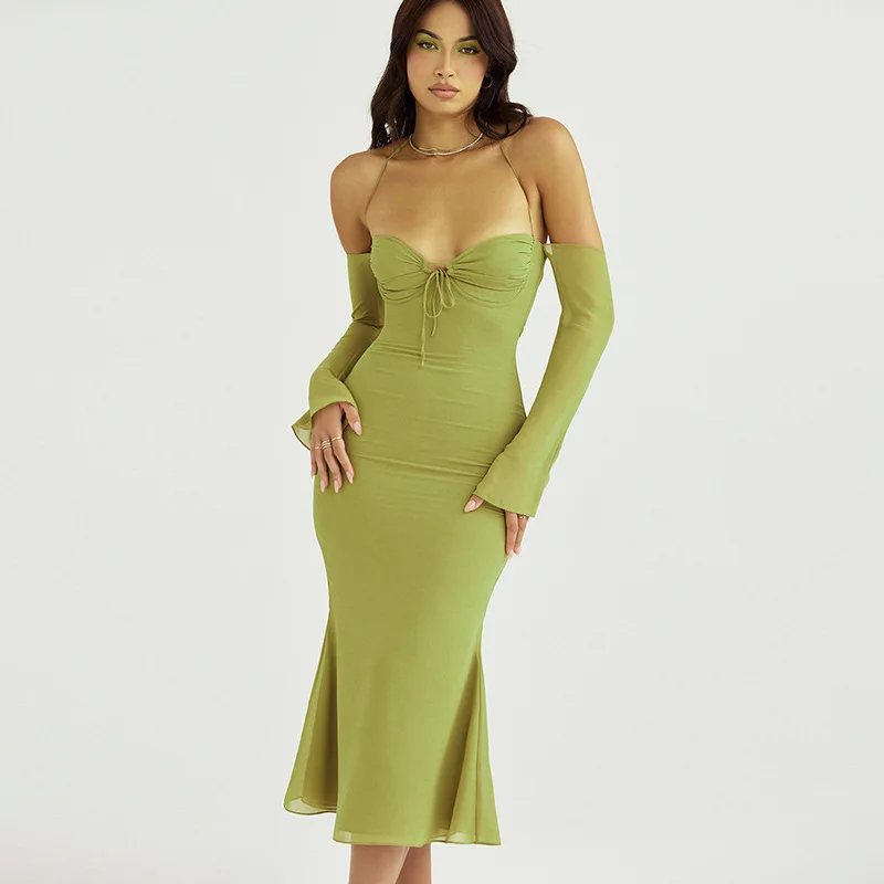 

Sexy Elegant Lace-Up Halter Long Sleeve Sling Dress Long Skirt Y2K Party Women's Fashion Beach Temperament Dress