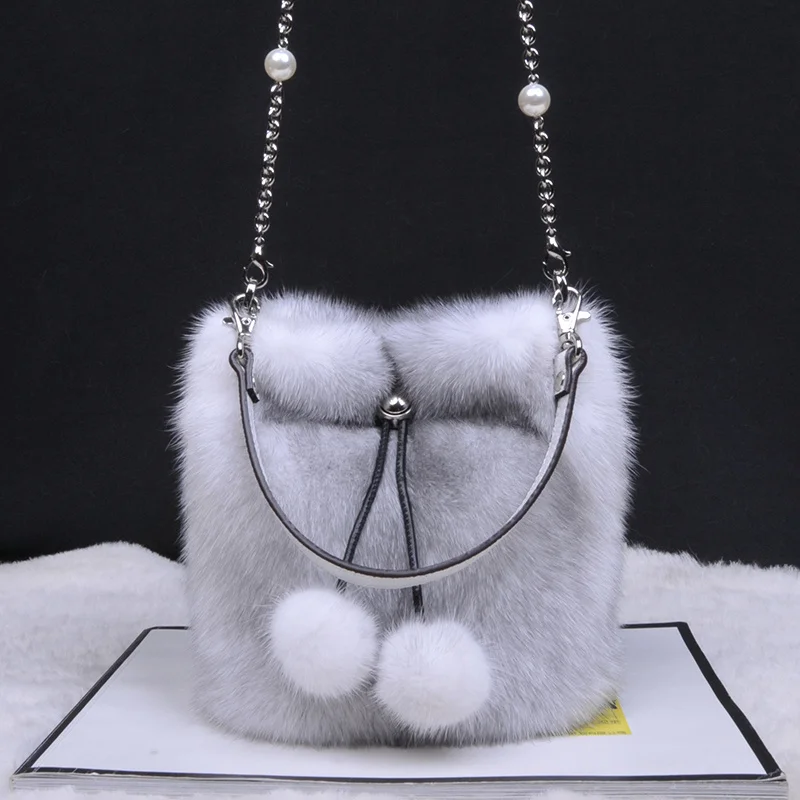 

High quality New Fashion Fur Mink Genuine Hand-carried Chain Bucket One-shouldered Woman Bag Leather Slanting Across