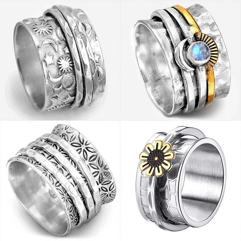 

Vintage Sun and Moon Fidget Spinner Rings for Women Hammered Meditation Anti Stress Anxiety Finger Ring Celestial Jewelry Gifts