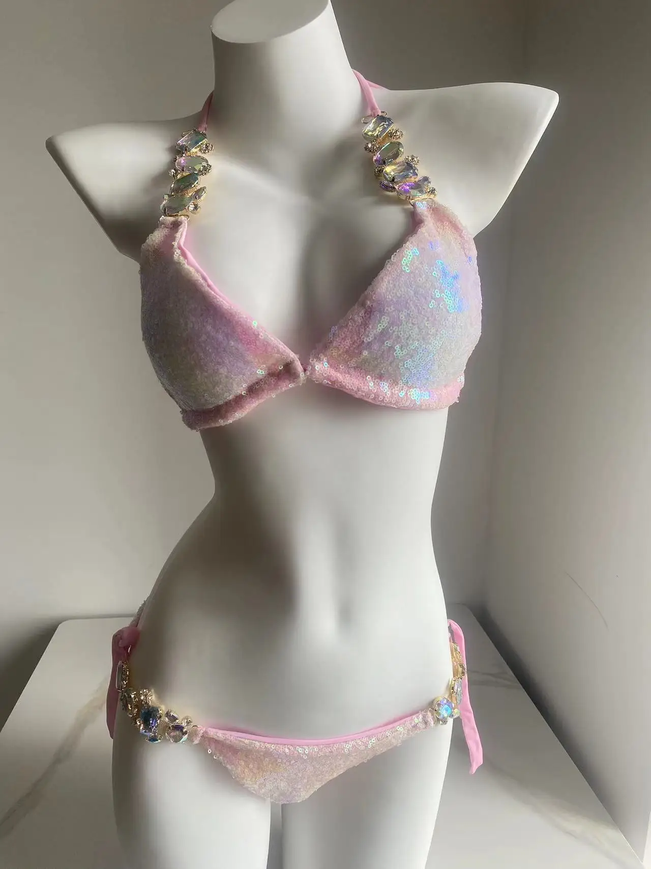 Женское сексуальное розовое бикини с блестками бриллиантовые драгоценные камни