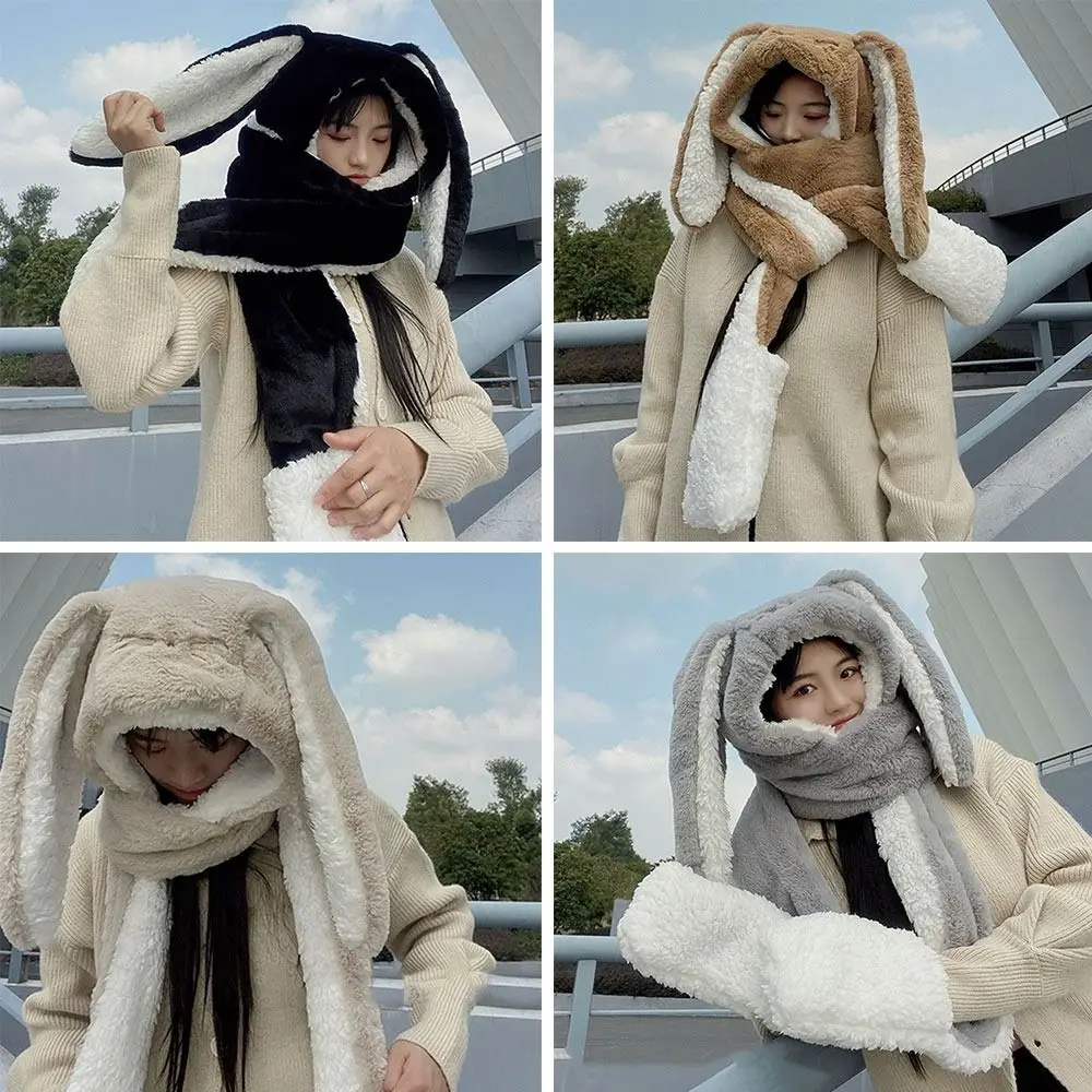 

Fashion Scarf Hat Glove Women Plush Cute Big Ear Bunny Beanie Winter Warm Soft Thickening Pocket Ear Hats Hooded Skullie Cap
