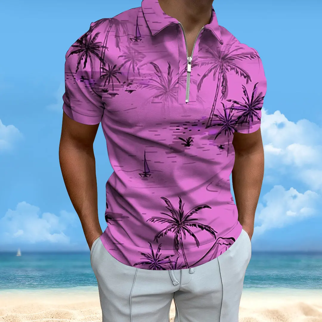 

2023 Hawaii Men's Polo Shirt Casual Loose Fashion Coconut Tree Print Polo Beach Comfortable Sunset Summer Men's Luxury Polo Shir
