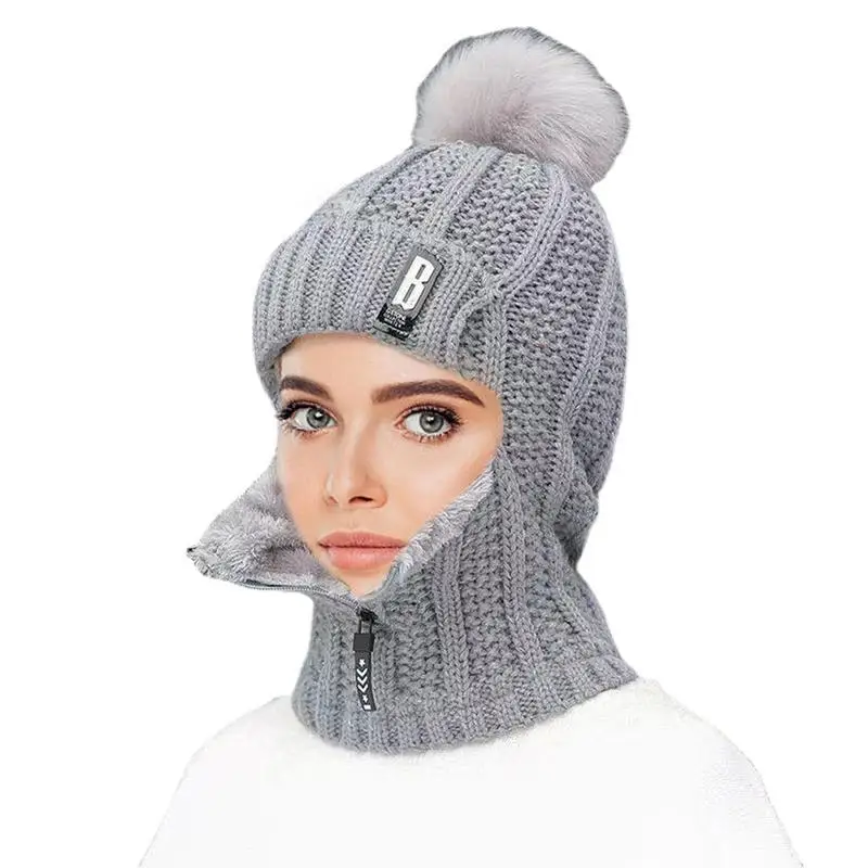 

Женская Шапка-бини с помпоном, зимняя шапка с флисовой подкладкой, плотная шапка с молнией, закрывающая лицо, для женщин, для спорта на откры...