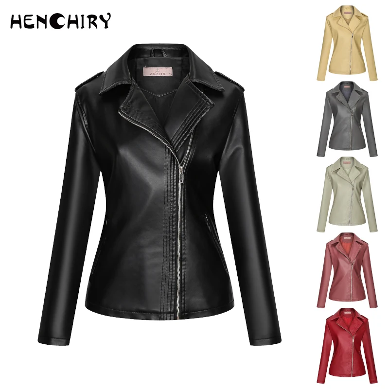 

HENCHIRY Spring and Autumn Women's Leather Jacket Clothes New Fashion Faux Zipper Ladies Jacket Black Leather Women's Blazer Top
